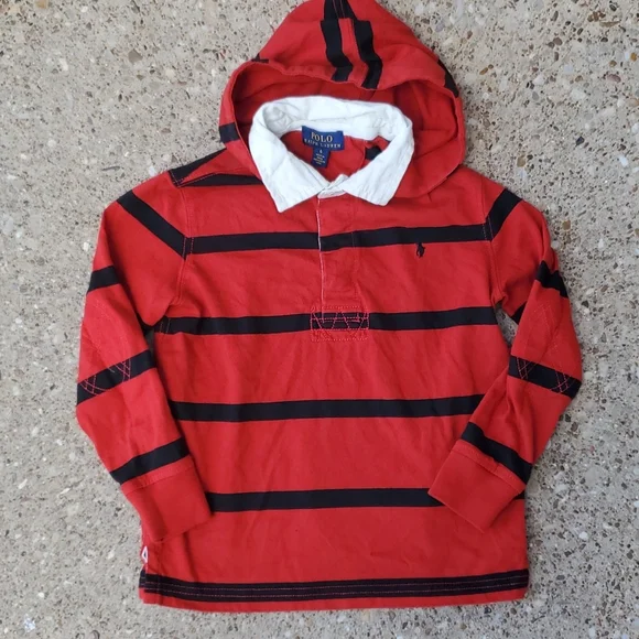 Polo Ralph Lauren Long Sleeve Hooded Pullover Polo Red Black Stripe Youth 6 - Picture 1 of 8